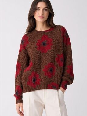 Barrie cable sweater red floral 100% cashmere  made under Chanel ownership NWT